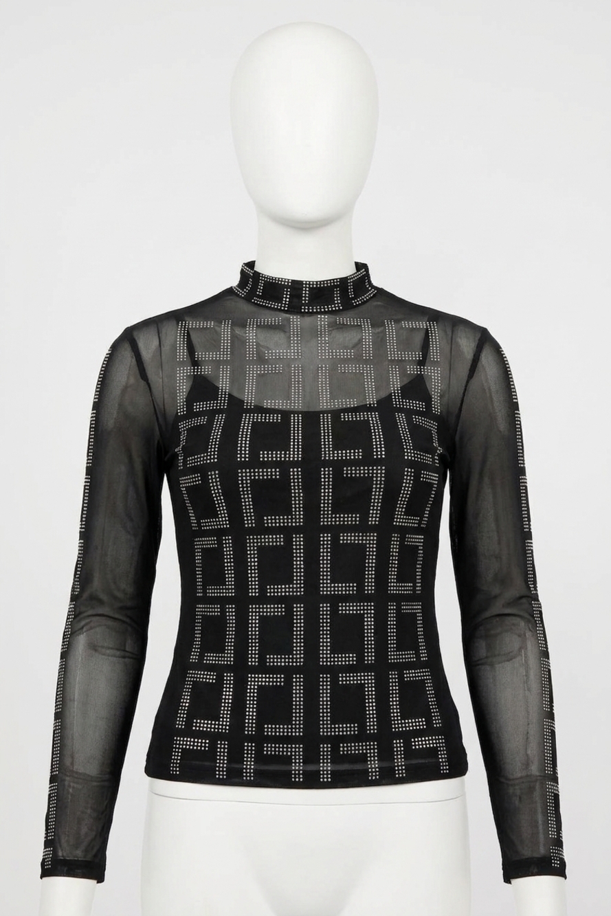 NEW FRANK LYMAN helena high neck long sleeve embellished pullover in black, silv
